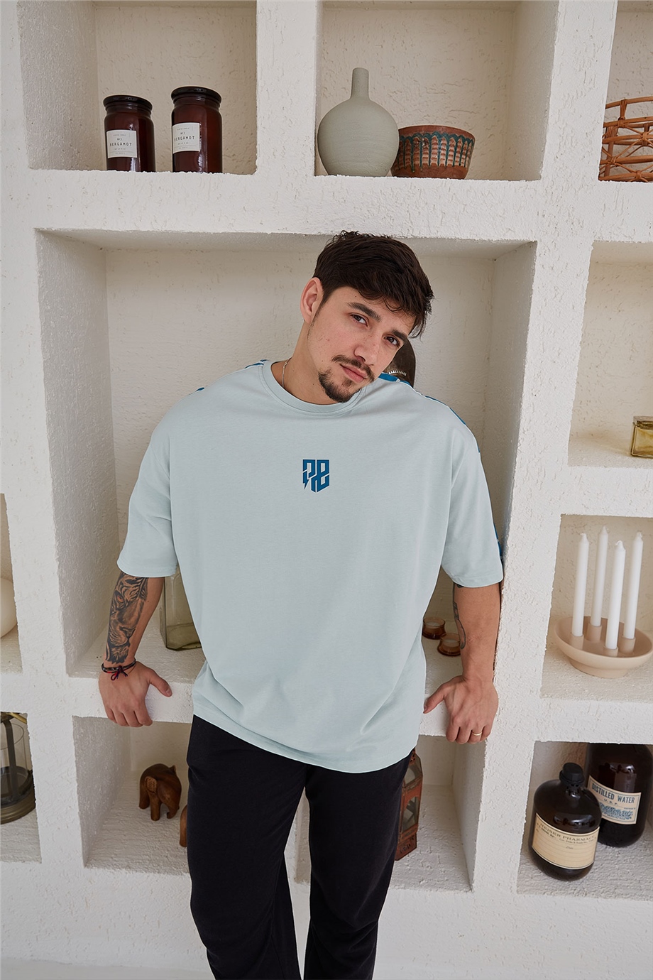 Omuz Detaylı Su Yeşili Oversize T-Shirt