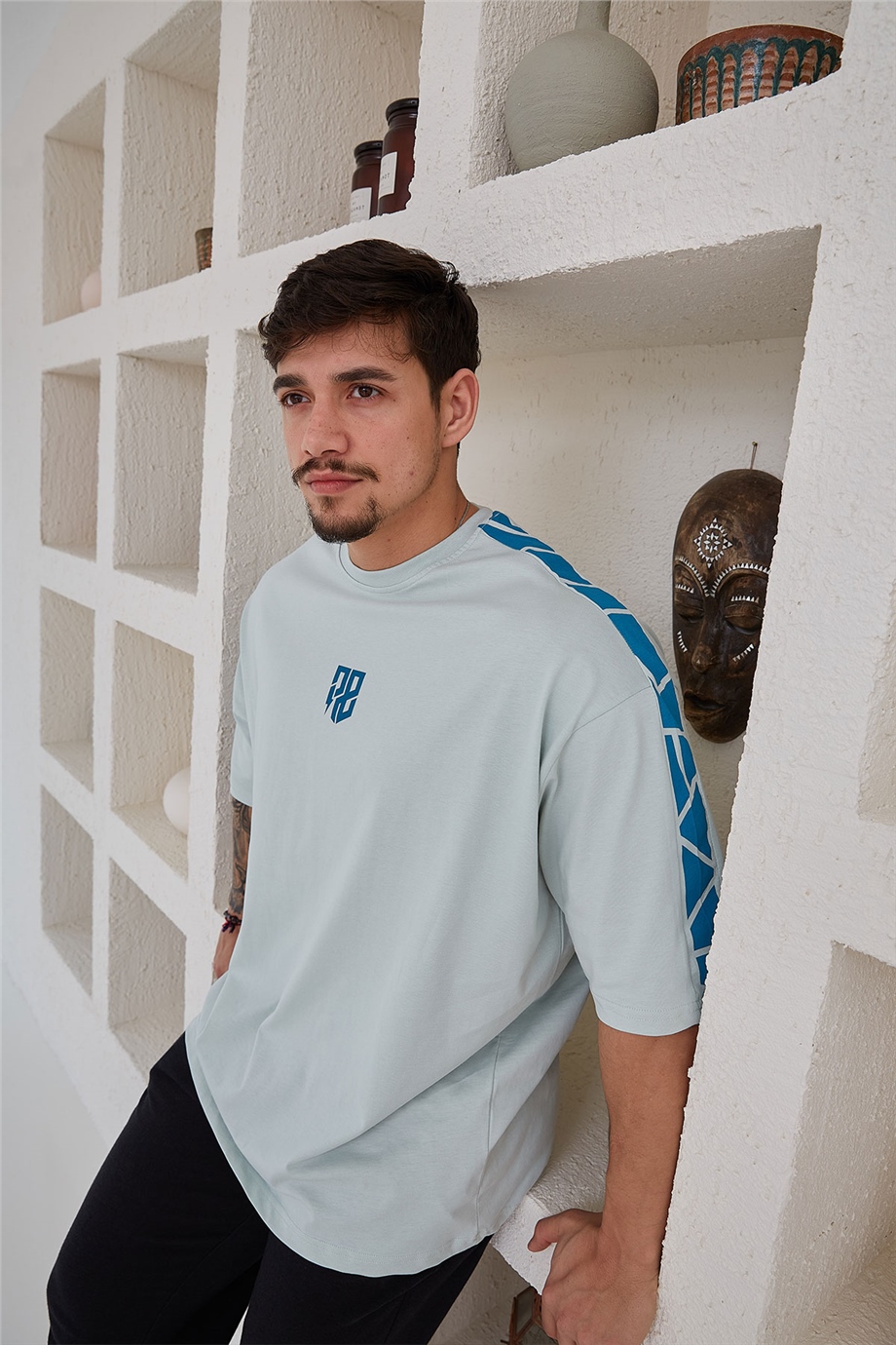 Omuz Detaylı Su Yeşili Oversize T-Shirt