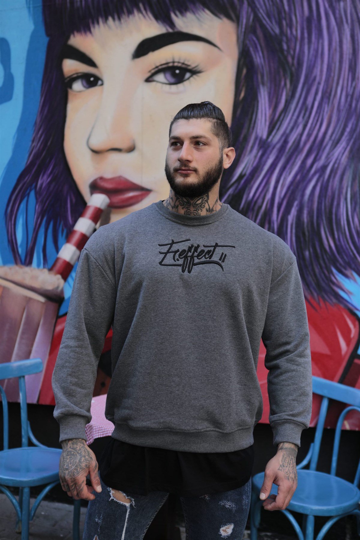 Onu Nakis Baskılı Antrasit Oversize Sweatshirt
