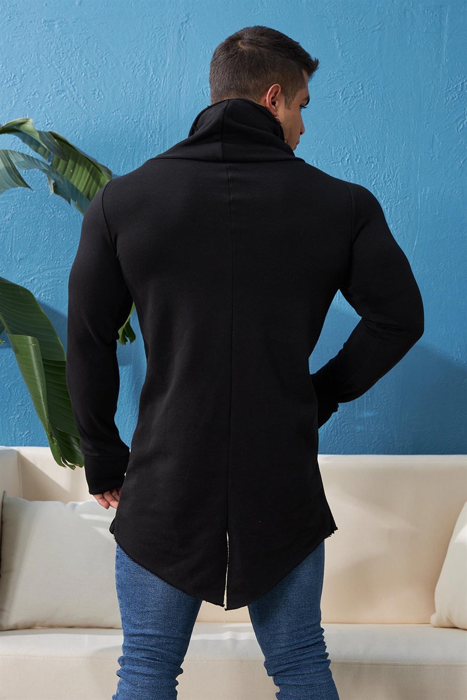Parçalı Parmak Geçmeli Slim Fit Siyah Sweatshirt