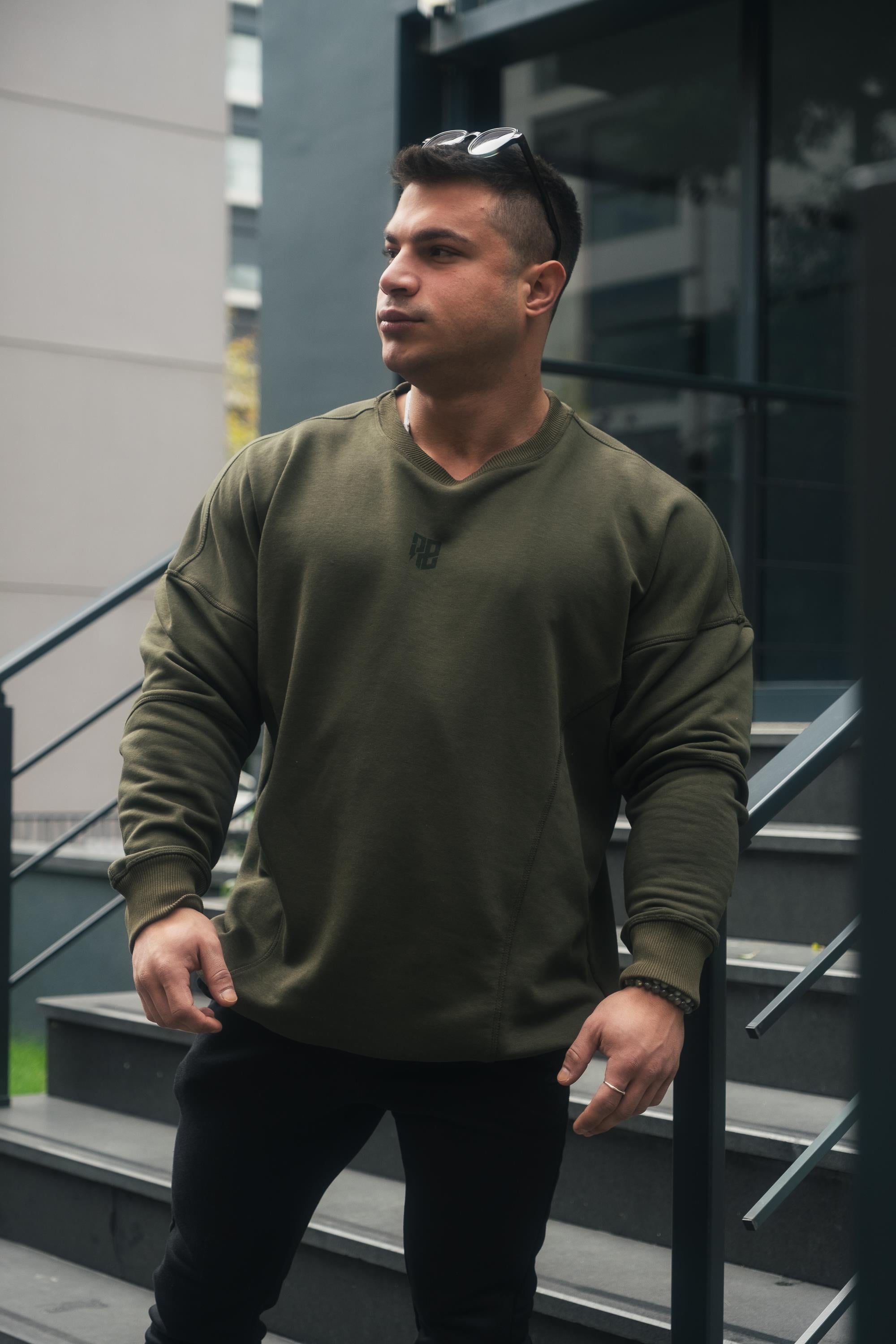 Sırtı Baskılı Dikiş Detaylı Oversize Sweatshirt Haki