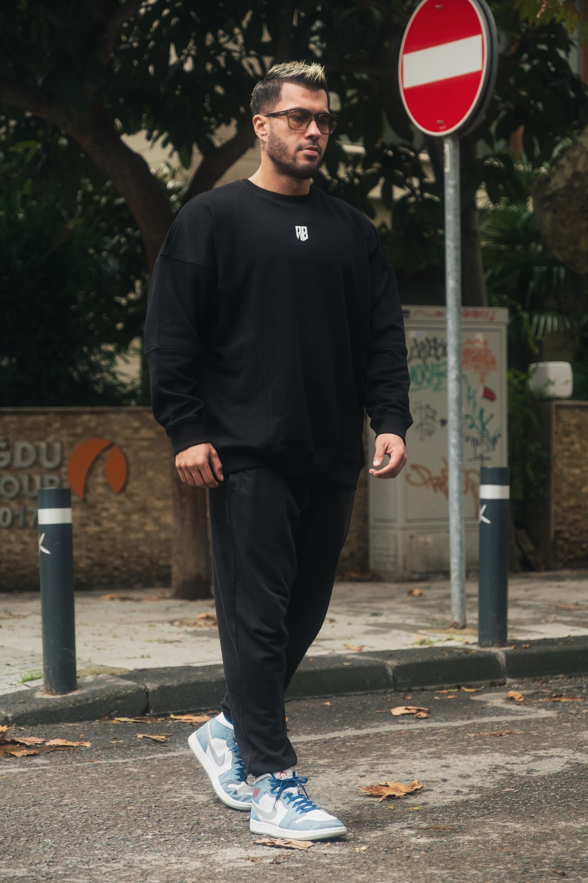 Sırtı Baskılı Dikiş Detaylı Oversize Sweatshirt Siyah