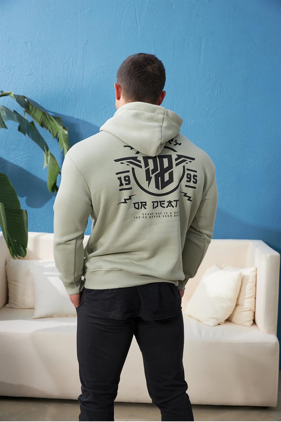 Sırtı Baskılı Kapüşonlu Oversize Yeşil Sweatshirt
