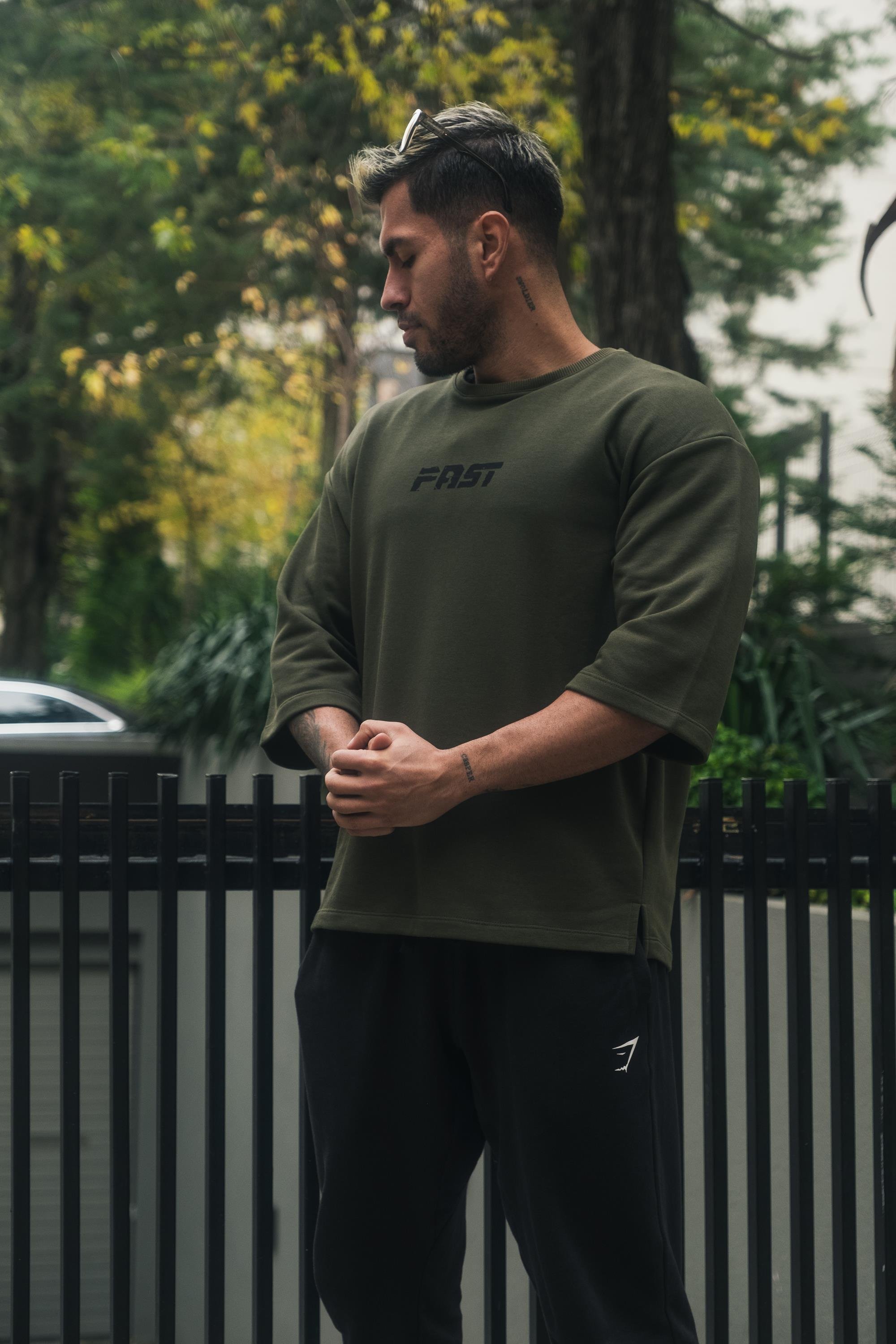 Sırtı Baskılı Yarasa Kol Oversize Sweatshirt Haki