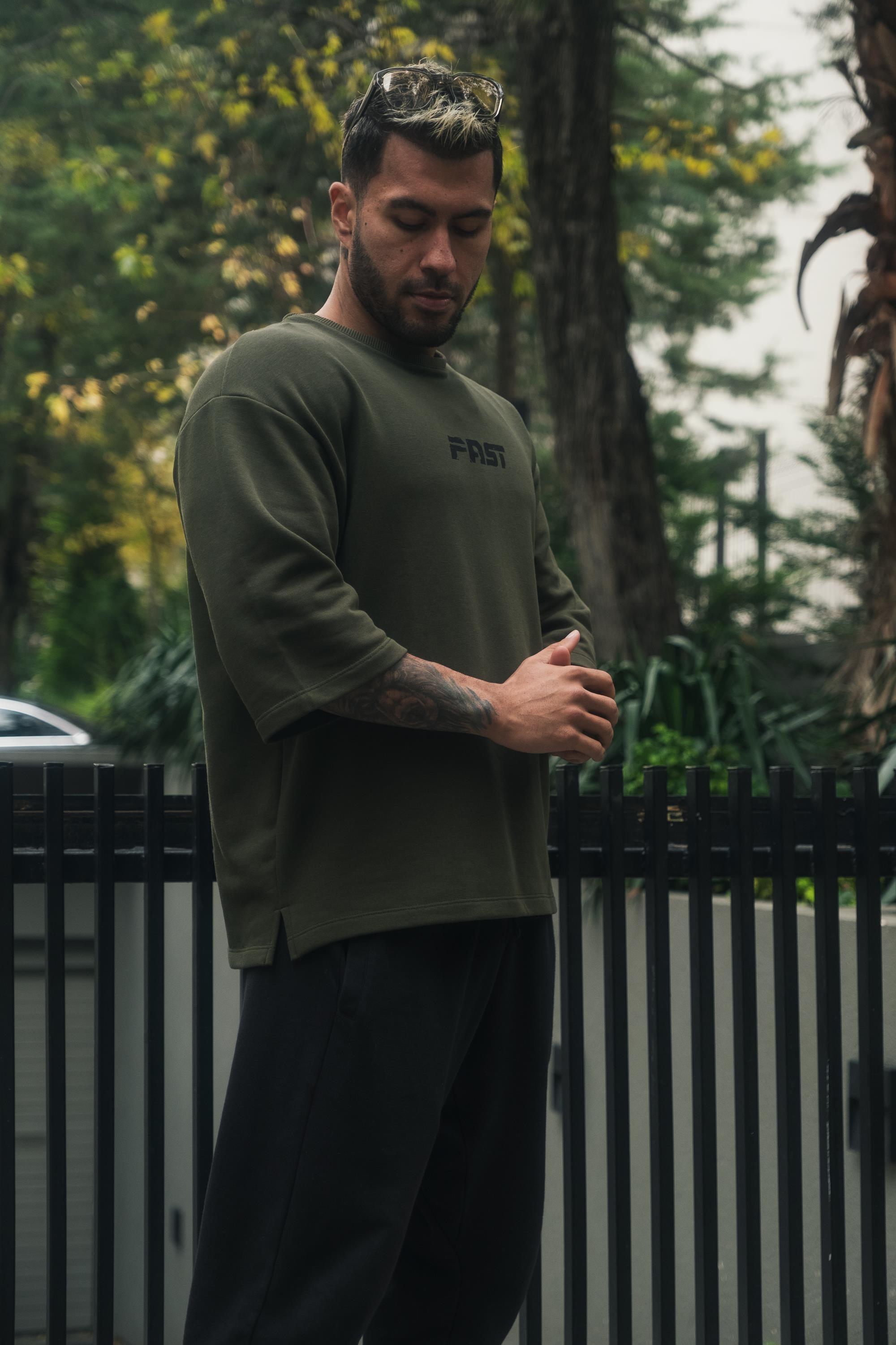Sırtı Baskılı Yarasa Kol Oversize Sweatshirt Haki