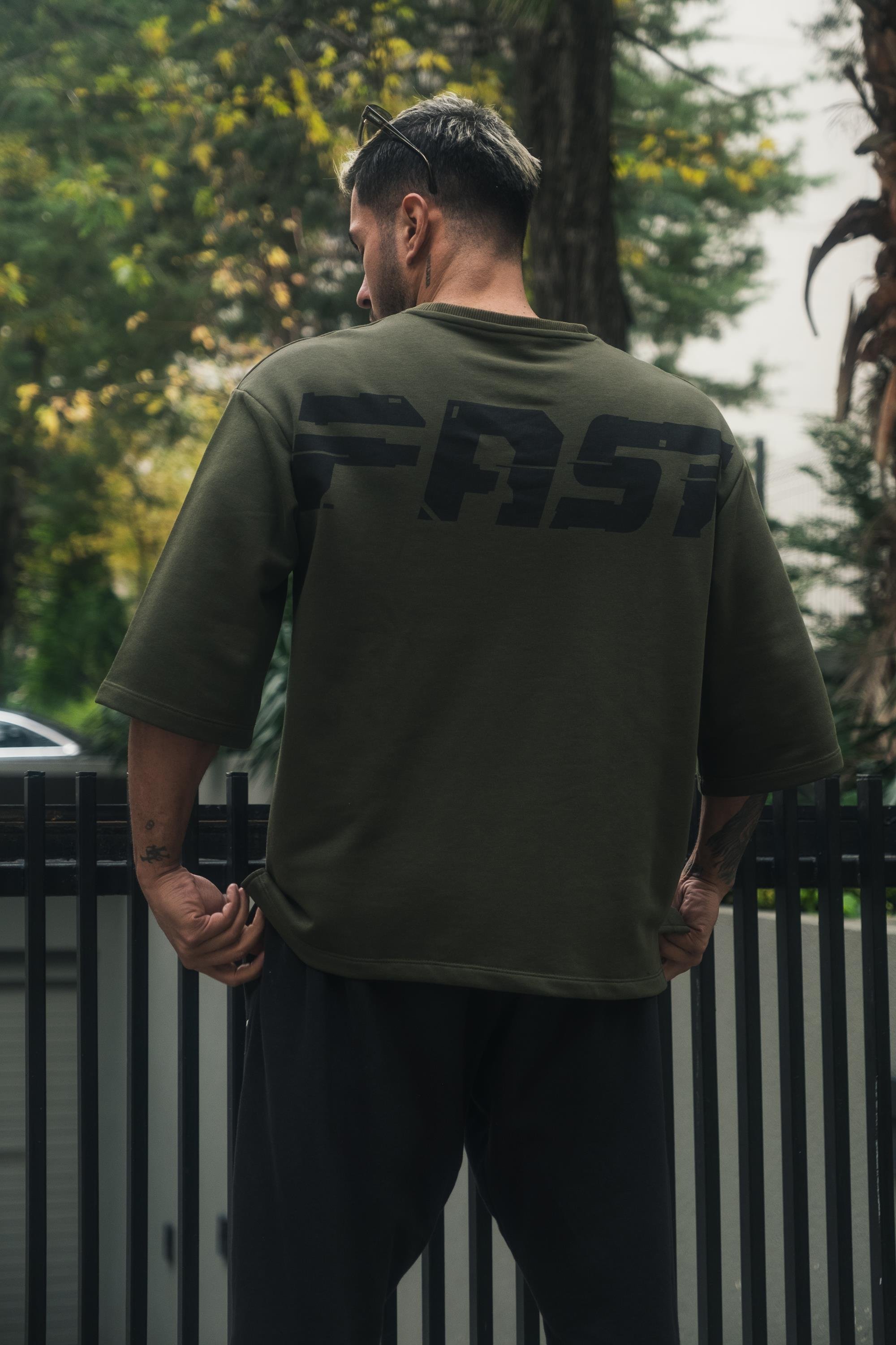 Sırtı Baskılı Yarasa Kol Oversize Sweatshirt Haki