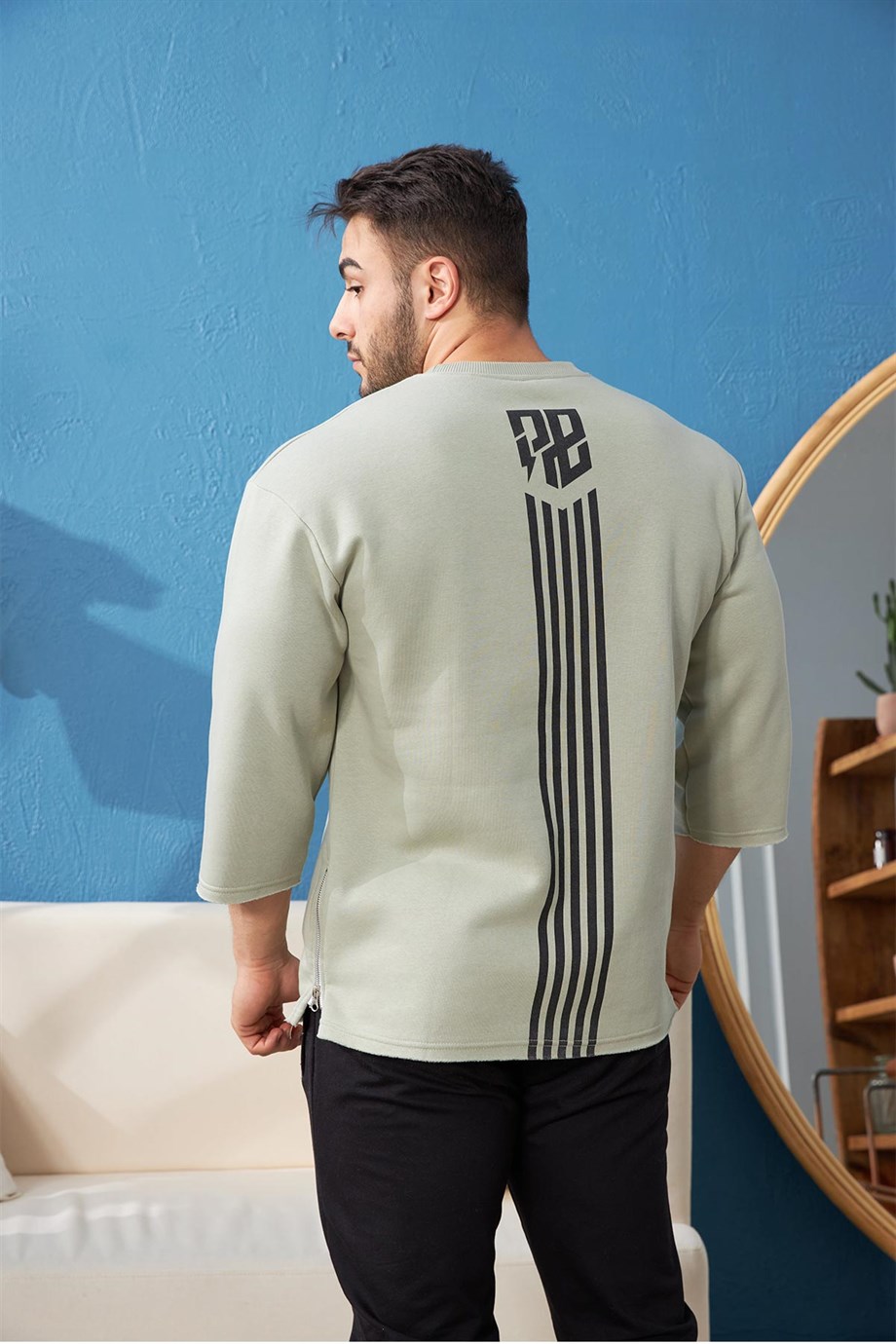 Yanı Fermuarlı Şerit Detaylı Oversize Yeşil Sweatshirt