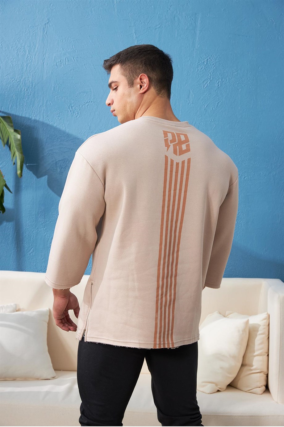 Yanı Fermuarlı Şerit Detaylı Oversize Bej Sweatshirt