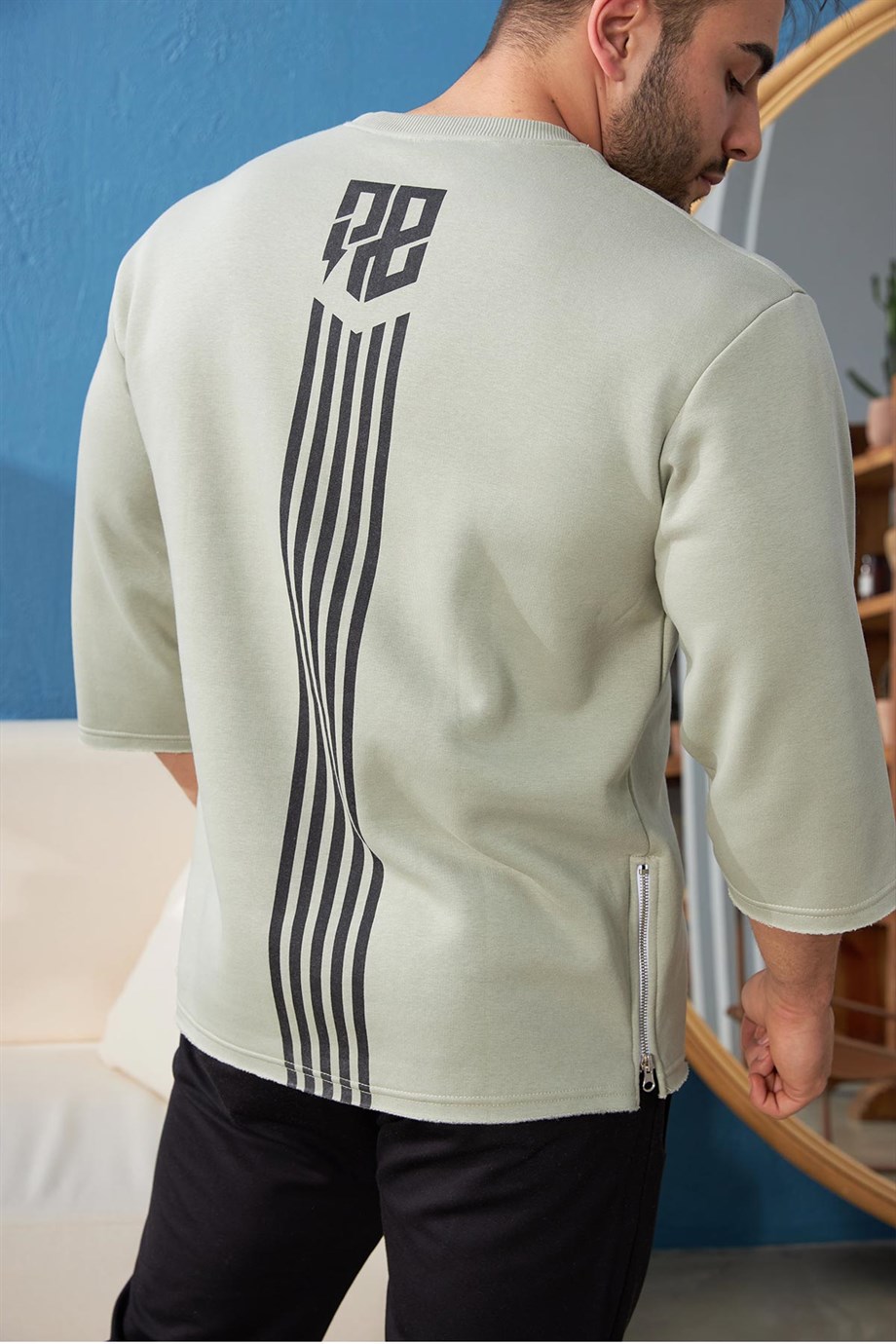 Yanı Fermuarlı Şerit Detaylı Oversize Yeşil Sweatshirt