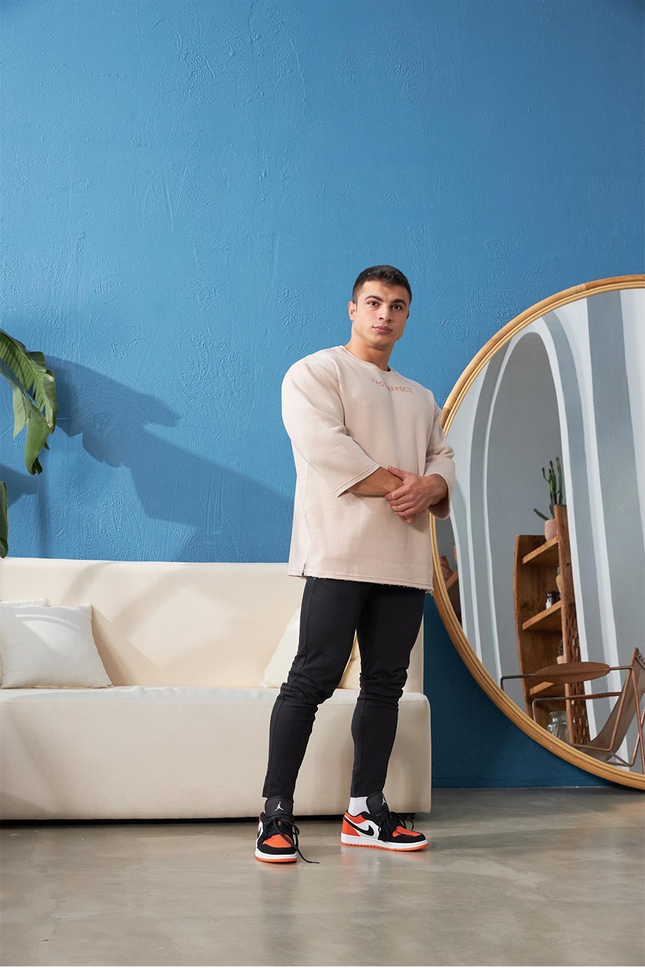 Yanı Fermuarlı Şerit Detaylı Oversize Bej Sweatshirt
