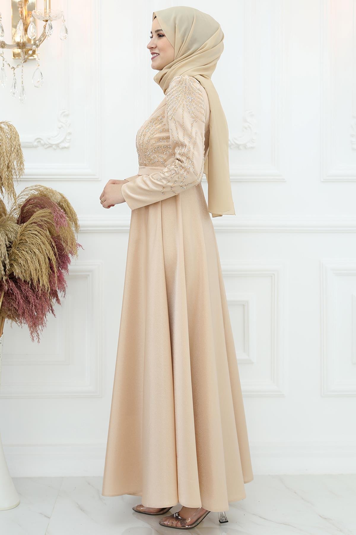 Amine Hüma Asya Saten Abiye Gold