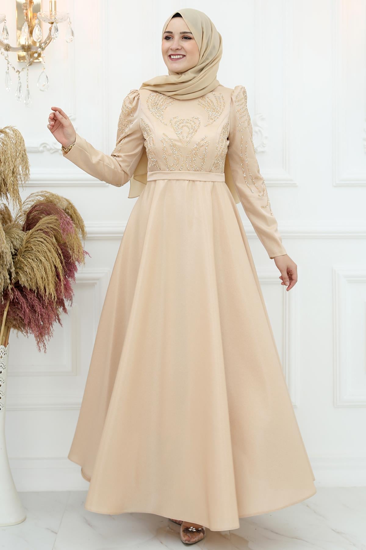 Amine Hüma Asya Saten Abiye Gold