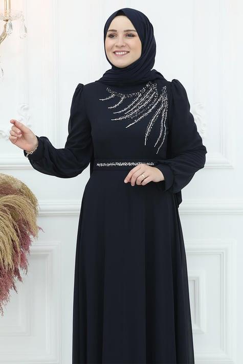 Amine Hüma Belgin Şifon Abiye Lacivert