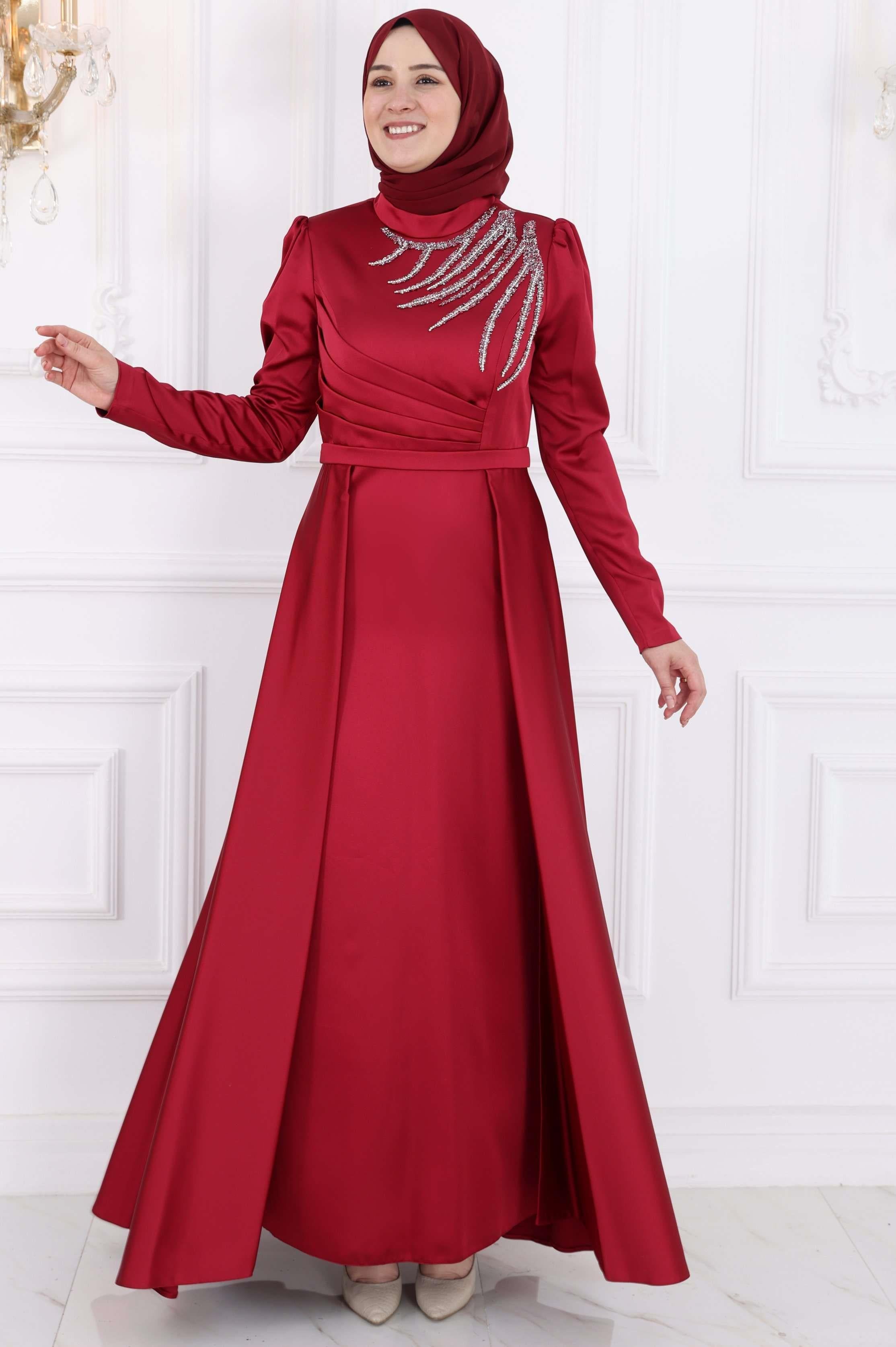 Amine Hüma Berceste Saten Abiye Bordo