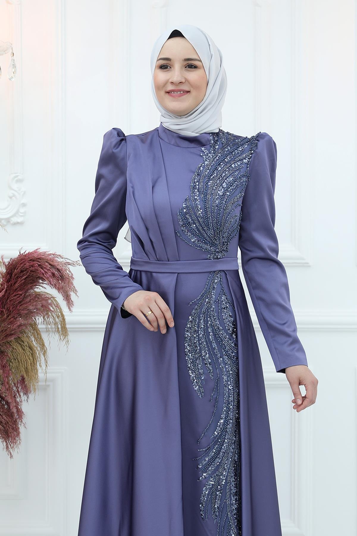 Amine Hüma Gonca Saten Abiye İndigo