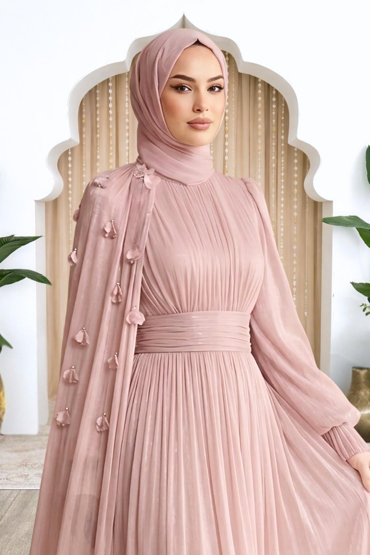 Amine Hüma Mina Abiye Elbise Pudra