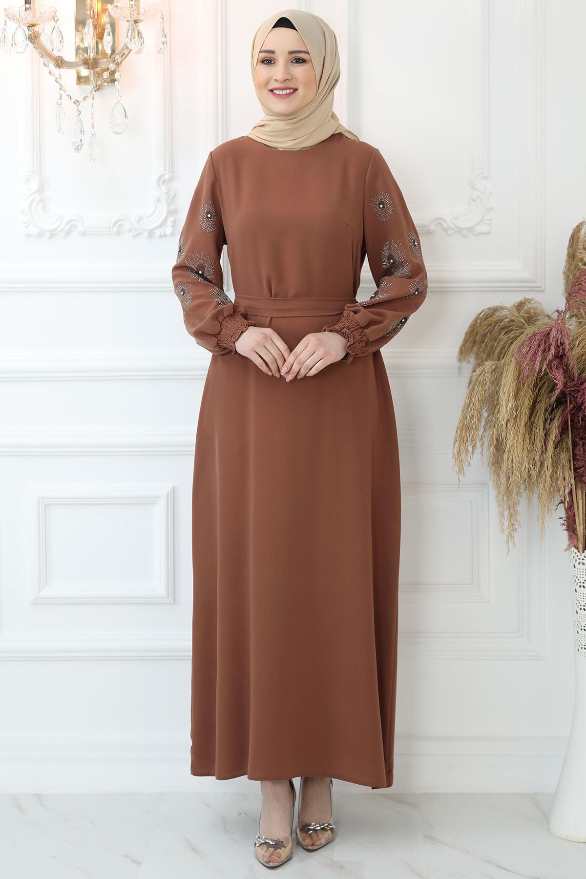 Amine Hüma Sahra Tesettür Elbise Camel
