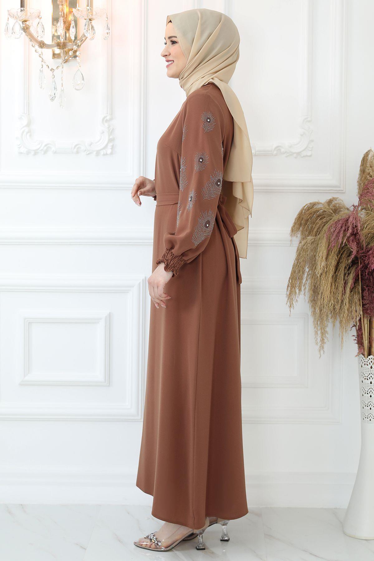 Amine Hüma Sahra Tesettür Elbise Camel