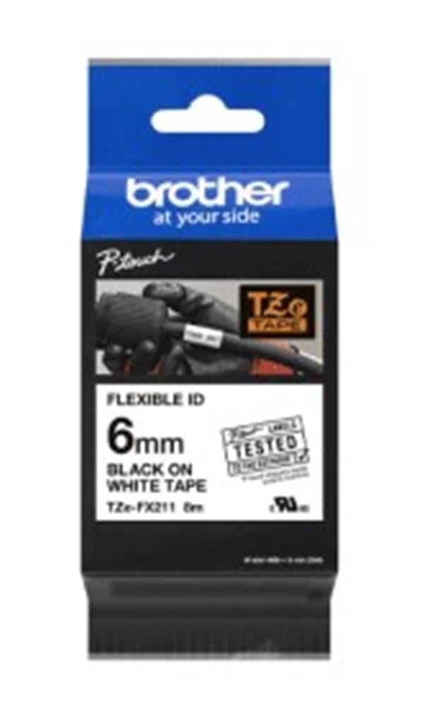 Brother TZE-FX211 6 mm Beyaz Üzeri Siyah Esnek Laminasyonlu Etiket