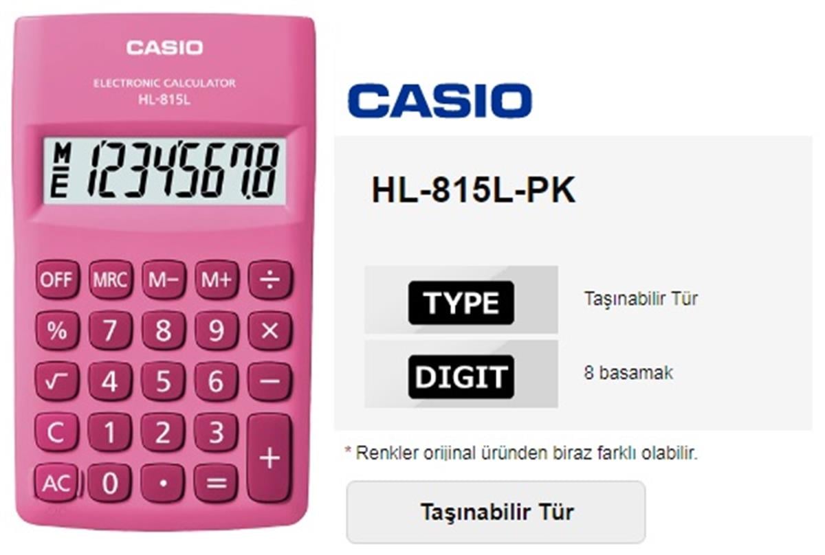 Casio HL-815L-PK 8 Hane Pembe Cep Tipi Hesap Makinesi