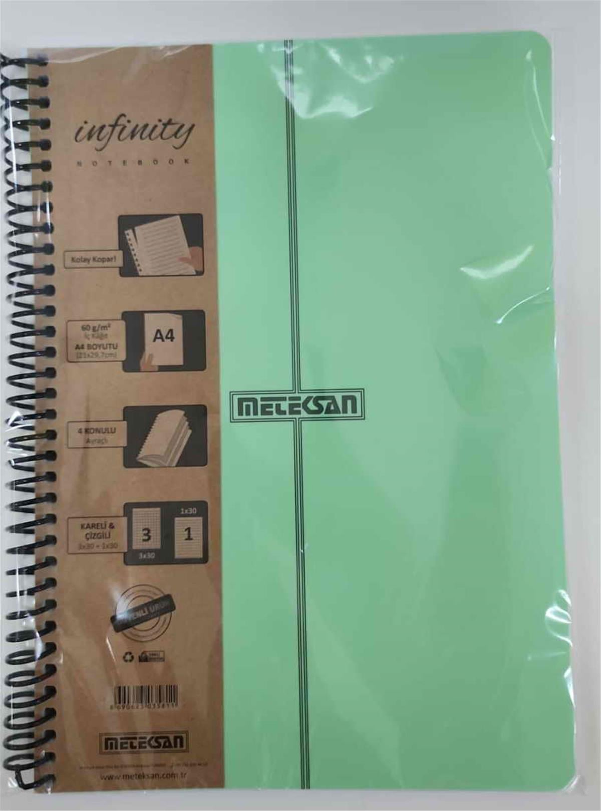 Meteksan İnfinity Pastel A4 4 Konulu Pet Spiralli 3+1 Köşe Radius PP Ayraçlı 120 Yaprak