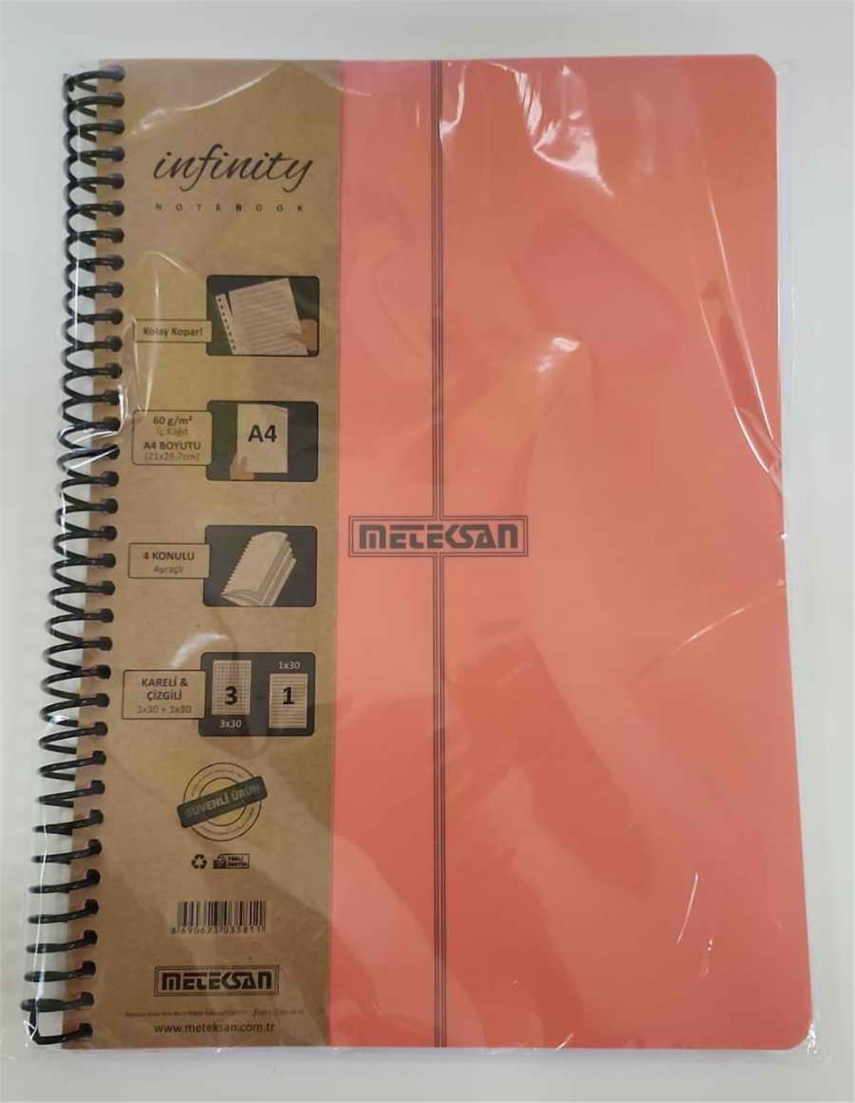 Meteksan İnfinity Pastel A4 4 Konulu Pet Spiralli 3+1 Köşe Radius PP Ayraçlı 120 Yaprak