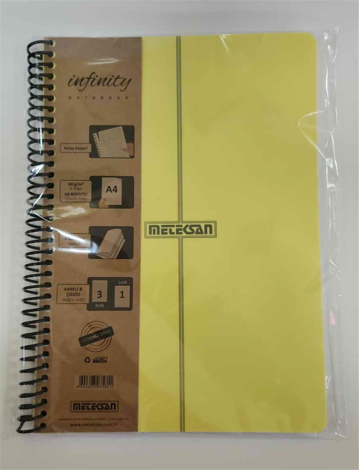 Meteksan İnfinity Pastel A4 4 Konulu Pet Spiralli 3+1 Köşe Radius PP Ayraçlı 120 Yaprak