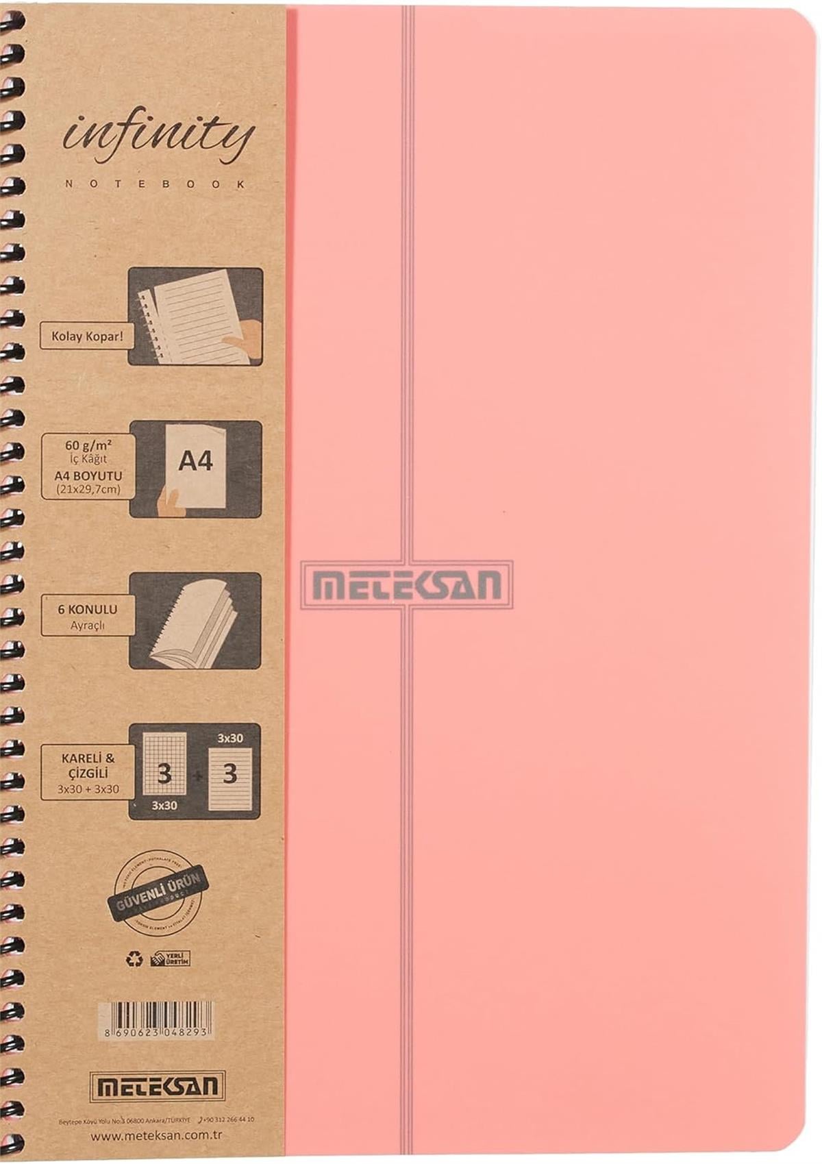 Meteksan İnfinity Pastel A4 6 Konulu Pet Spiralli 3+3 180 Yaprak Pembe