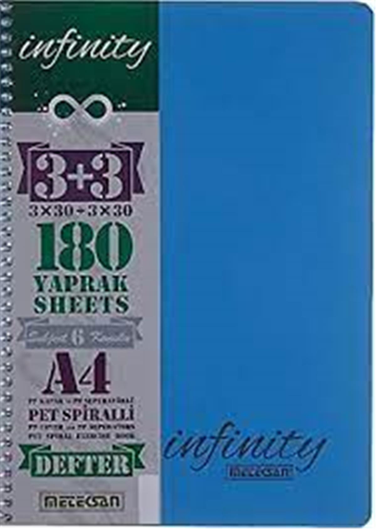 Meteksan İnfinity Pastel A4 6 Konulu Pet Spiralli 3+3 Köşe Radius PP Ayraçlı 180 Yaprak 