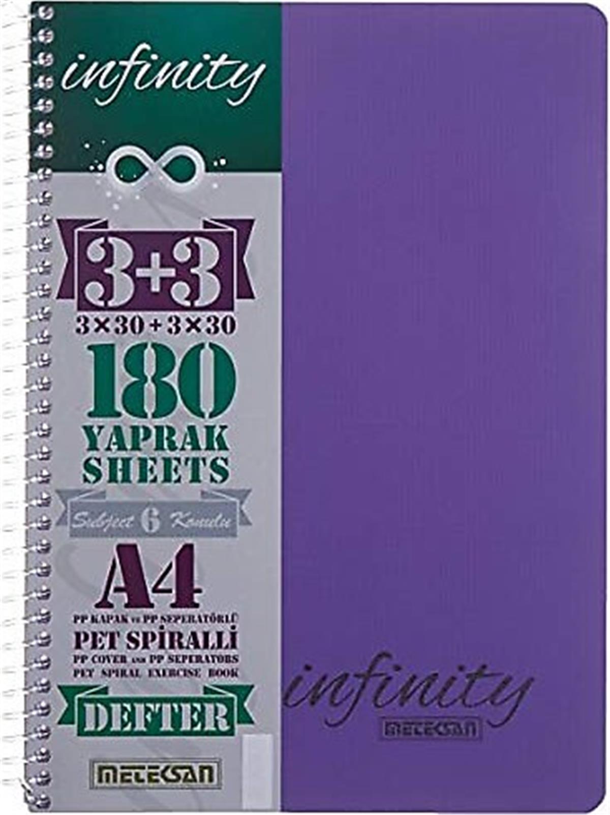Meteksan İnfinity Pastel A4 6 Konulu Pet Spiralli 3+3 Köşe Radius PP Ayraçlı 180 Yaprak 