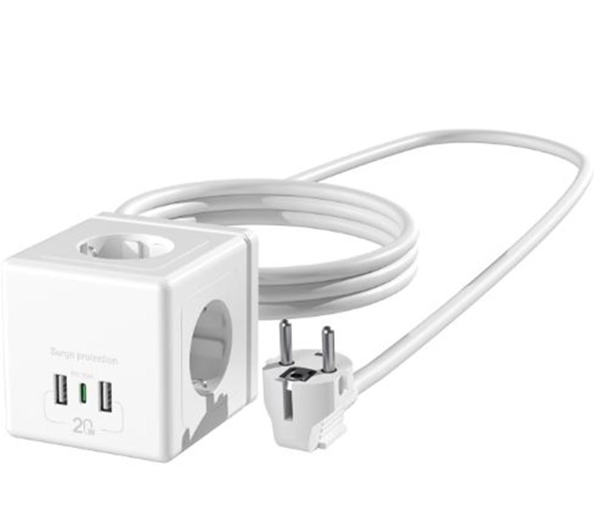 S-link PRZ04 4 Soketli 2 USB 1 Type-C PD20 2M 306 Joule Tam Bakır Küp Beyaz Akım Korumalı Priz