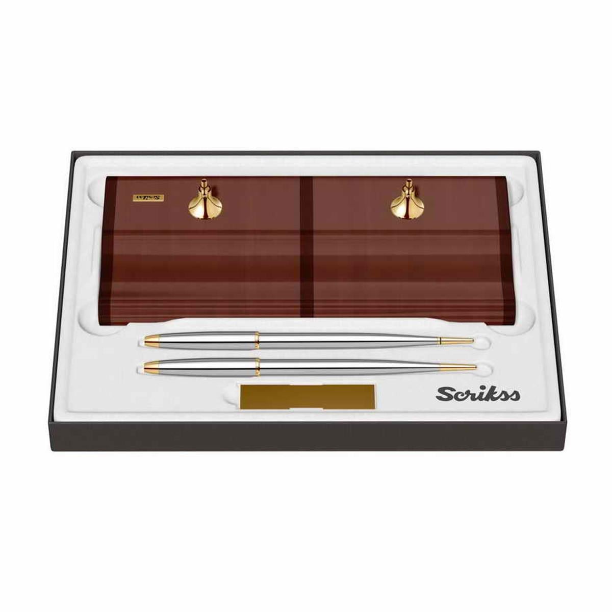 Scrikss Masa Takimi Parlak Ceviz Agaci Dolmakalem+Tükenmez Kalem Gold Krom