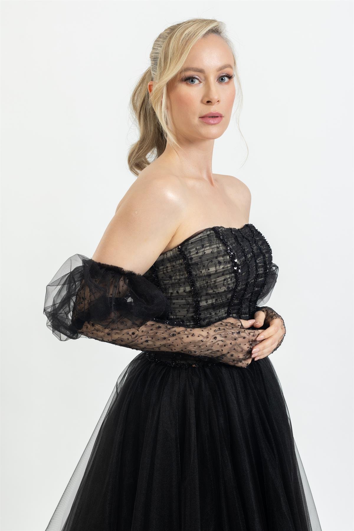 DEMONTE KOL STRAPLEZ MİDİ BOY ŞIK ABİYE ELBİSE