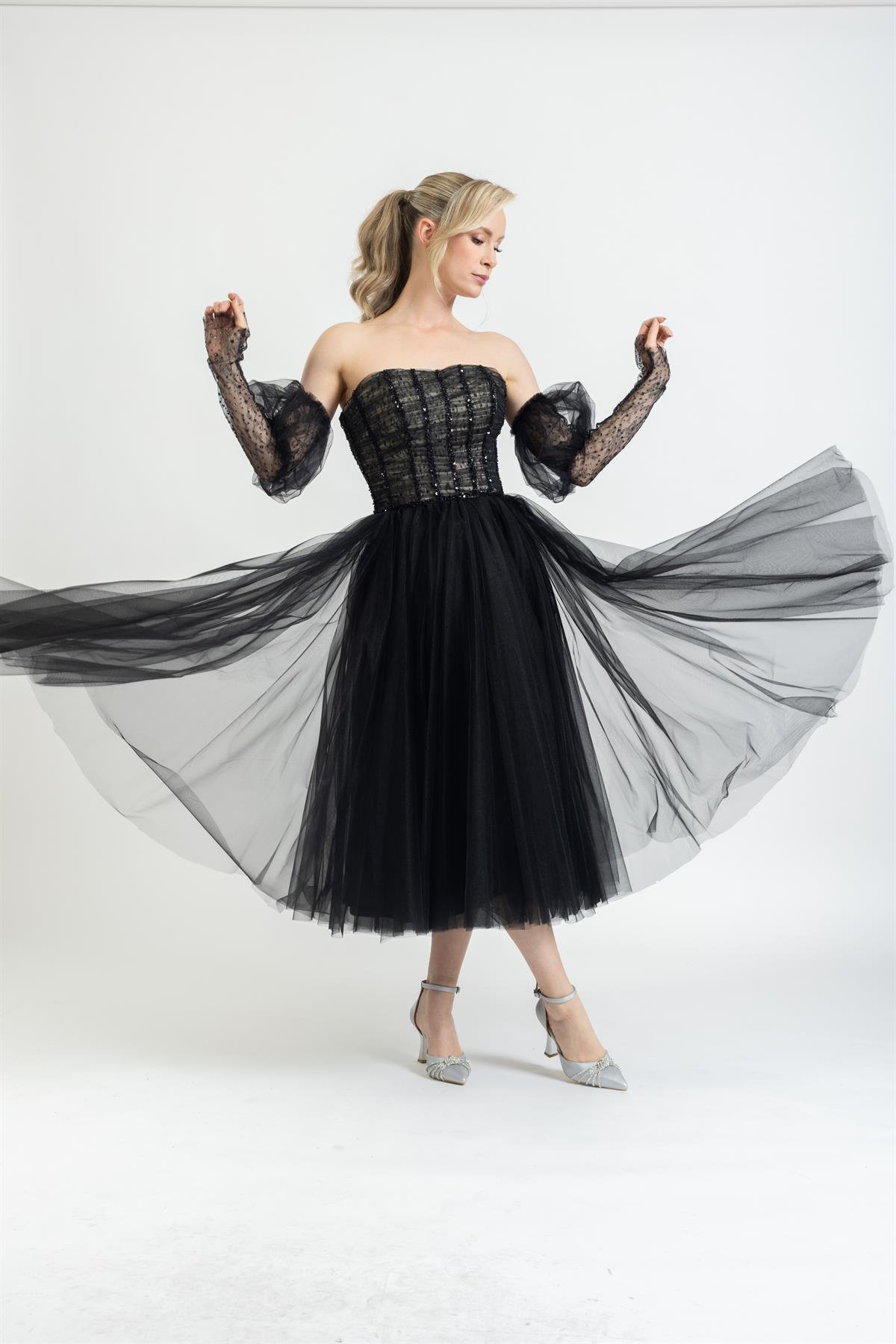 DEMONTE KOL STRAPLEZ MİDİ BOY ŞIK ABİYE ELBİSE