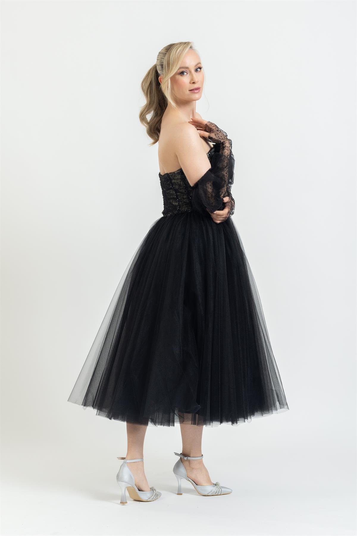 DEMONTE KOL STRAPLEZ MİDİ BOY ŞIK ABİYE ELBİSE