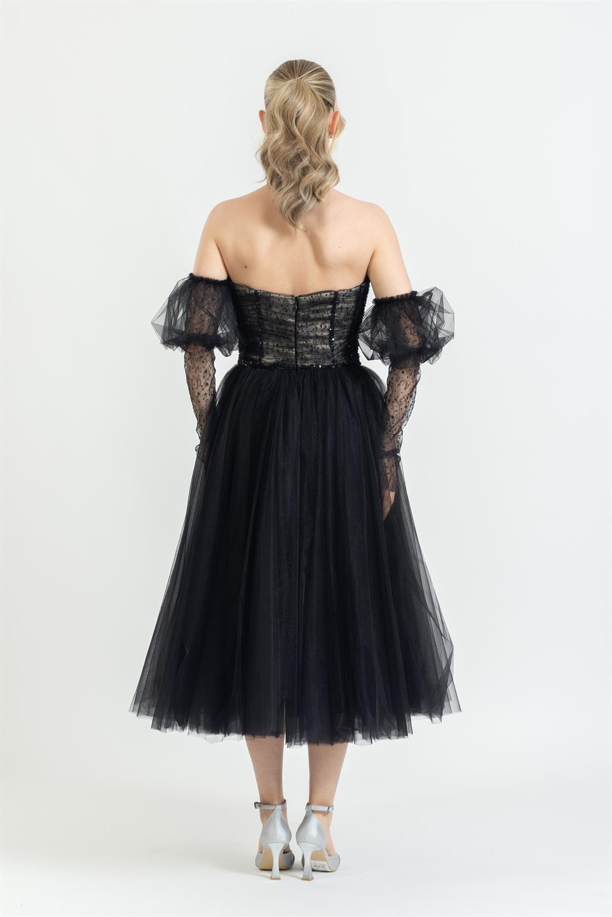 DEMONTE KOL STRAPLEZ MİDİ BOY ŞIK ABİYE ELBİSE