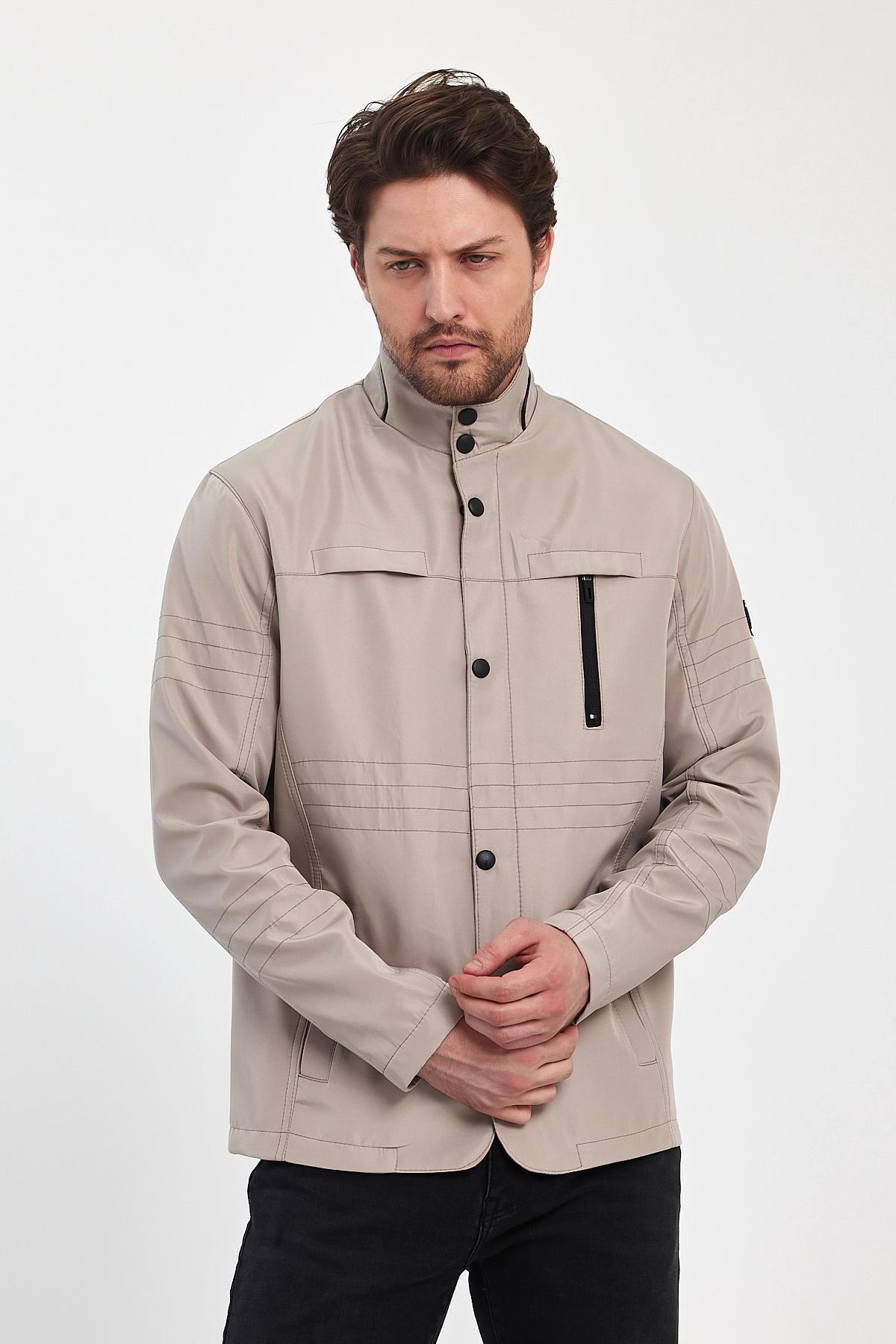 Erkek Açık Krem Regular Uzun Mevsimlik Pamuk Polyester Karışımlı Safari Mont&Ceket