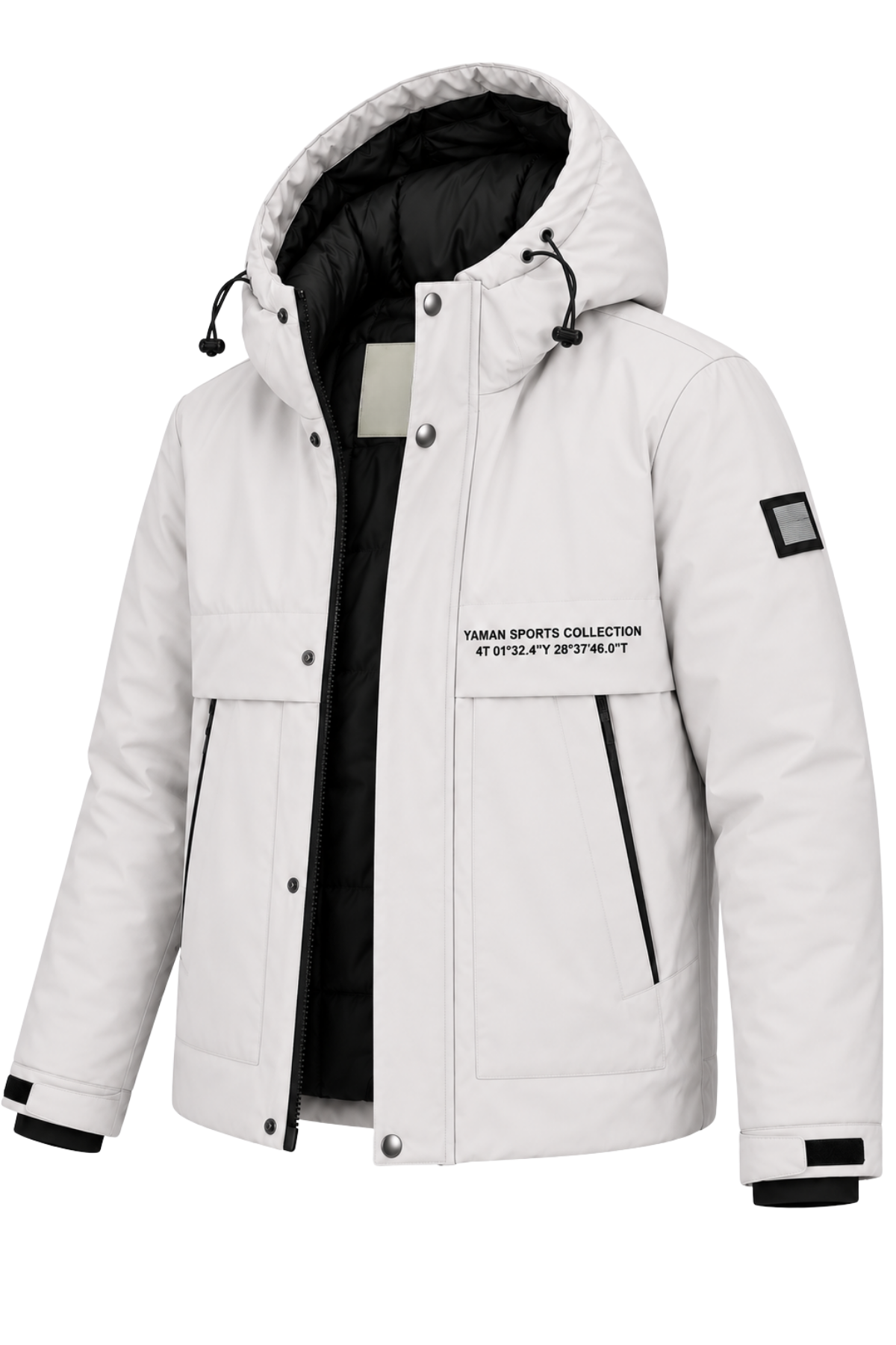 Erkek Beyaz Kapüşonlu Kışlık Mont Suya Dayanıklı Fermuarlı Çıtçıtlı Cepli Outdoor Mont