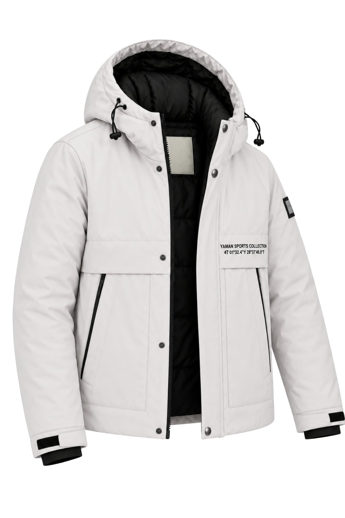 Erkek Beyaz Kapüşonlu Kışlık Mont Suya Dayanıklı Fermuarlı Çıtçıtlı Cepli Outdoor Mont