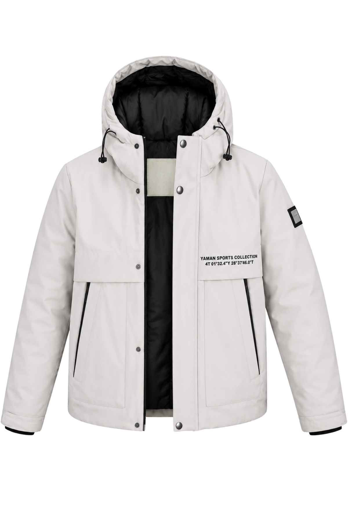 Erkek Beyaz Kapüşonlu Kışlık Mont Suya Dayanıklı Fermuarlı Çıtçıtlı Cepli Outdoor Mont