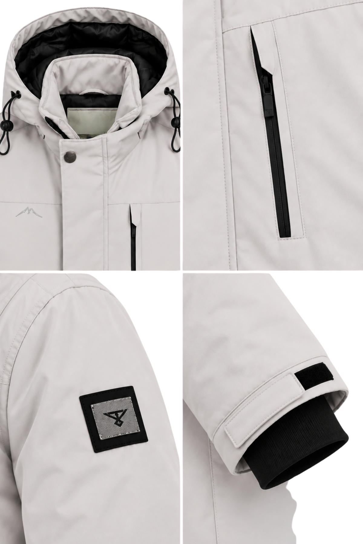 Erkek Beyaz Kapüşonlu Kışlık Softshell Suya Dayanıklı Fermuarlı Cepli Outdoor Mont