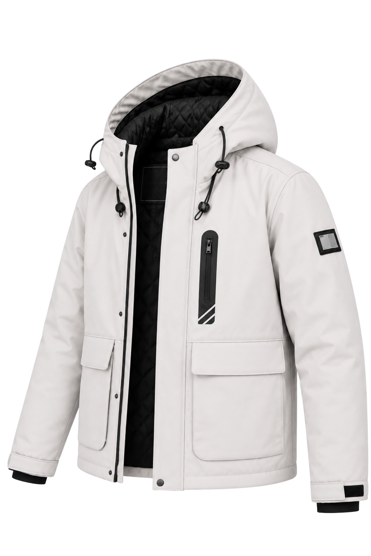 Erkek Beyaz Kışlık Mont Kapüşonlu Suya Dayanıklı Fermuarlı Çok Cepli Outdoor Mont&Kaban