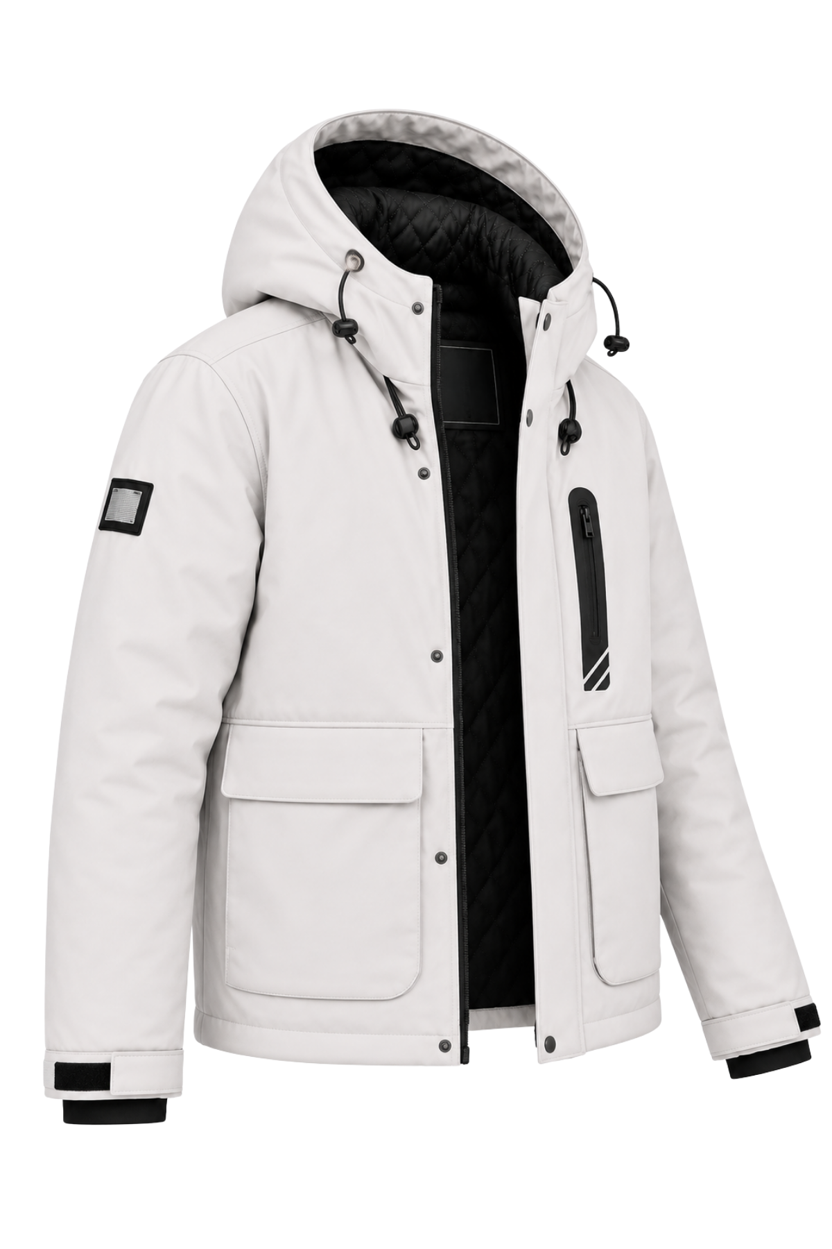 Erkek Beyaz Kışlık Mont Kapüşonlu Suya Dayanıklı Fermuarlı Çok Cepli Outdoor Mont&Kaban