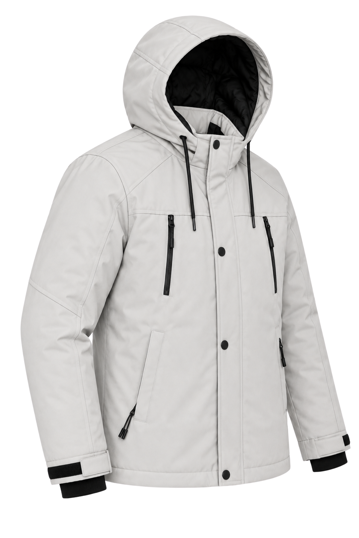 Erkek Beyaz Softshell Mont Kapüşonlu Kışlık Suya Dayanıklı Fermuarlı Cepli Outdoor Mont