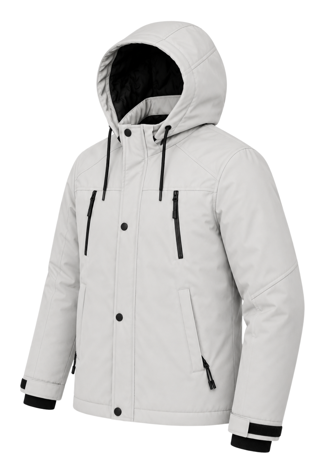Erkek Beyaz Softshell Mont Kapüşonlu Kışlık Suya Dayanıklı Fermuarlı Cepli Outdoor Mont