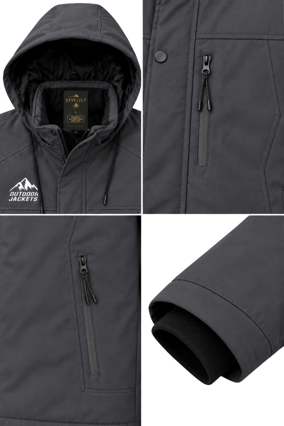 Erkek Gri Softshell Mont Kapüşonlu Kışlık Suya Dayanıklı Fermuarlı Cepli Outdoor Mont