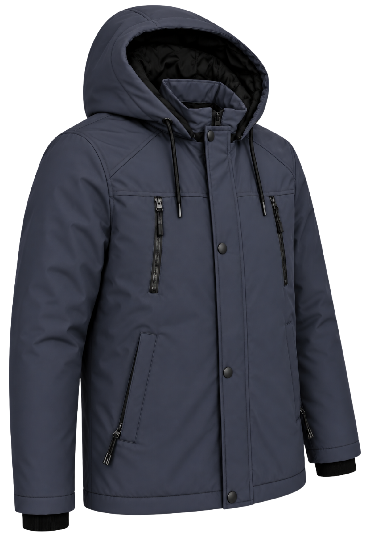 Erkek Lacivert Softshell Mont Kapüşonlu Kışlık Suya Dayanıklı Fermuarlı Cepli Outdoor Mont