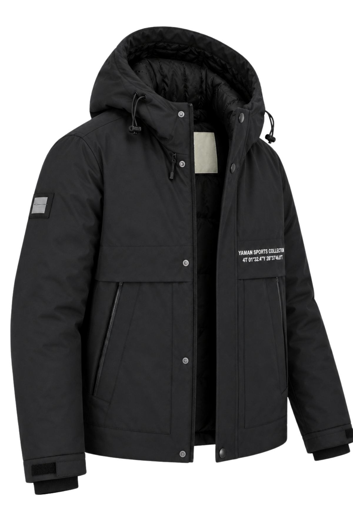 Erkek Siyah Kapüşonlu Kışlık Mont Suya Dayanıklı Fermuarlı Çıtçıtlı Cepli Outdoor Mont