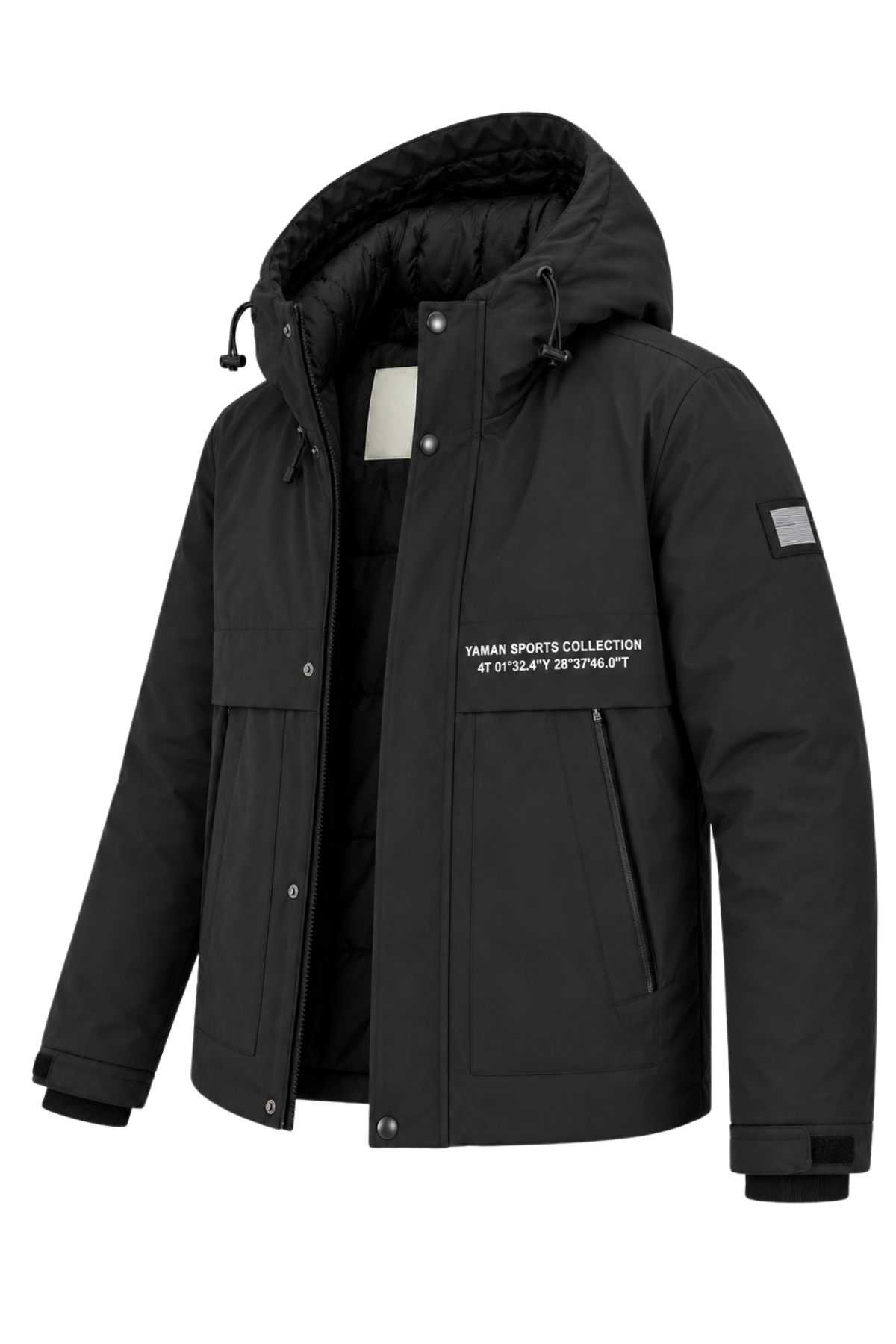 Erkek Siyah Kapüşonlu Kışlık Mont Suya Dayanıklı Fermuarlı Çıtçıtlı Cepli Outdoor Mont