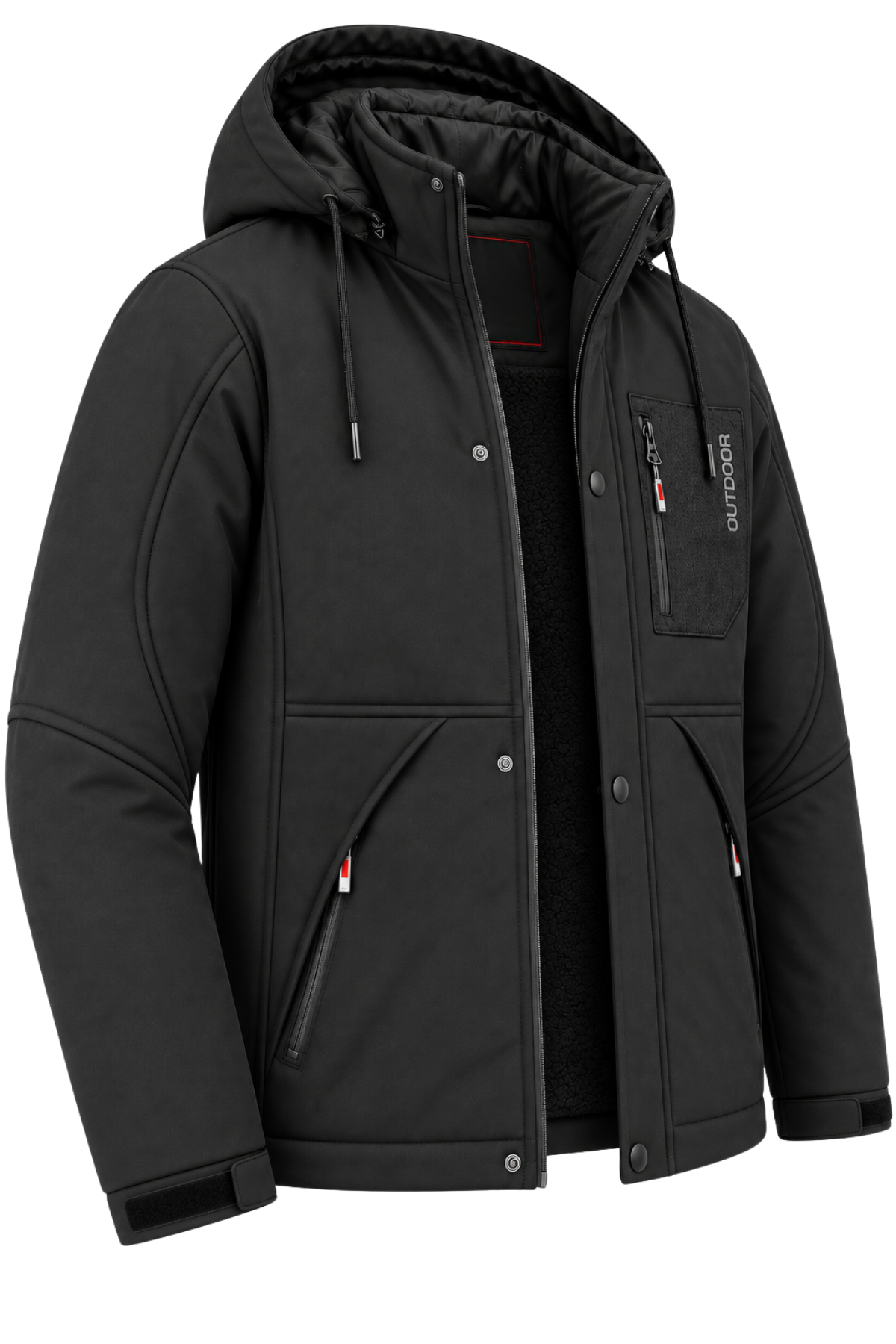 Erkek Siyah Kapüşonlu Kışlık Softshell Suya Dayanıklı Fermuarlı Cepli Outdoor Mont